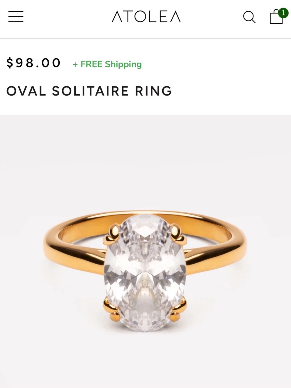 Atolea 18K Gold Oval Solitaire Ring with Clear Stone size 7